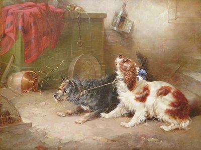 Een Terrier en een King Charles Spaniel die een rat bang maken door George Armfield